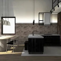 Wizualizacja nowoczesnej kuchni z ceglaną ścianą i drewnianymi akcentami w Bytowie, z widoczną wyspą kuchenną z czarnymi frontami, stołem z krzesłami i wiszącymi lampami.