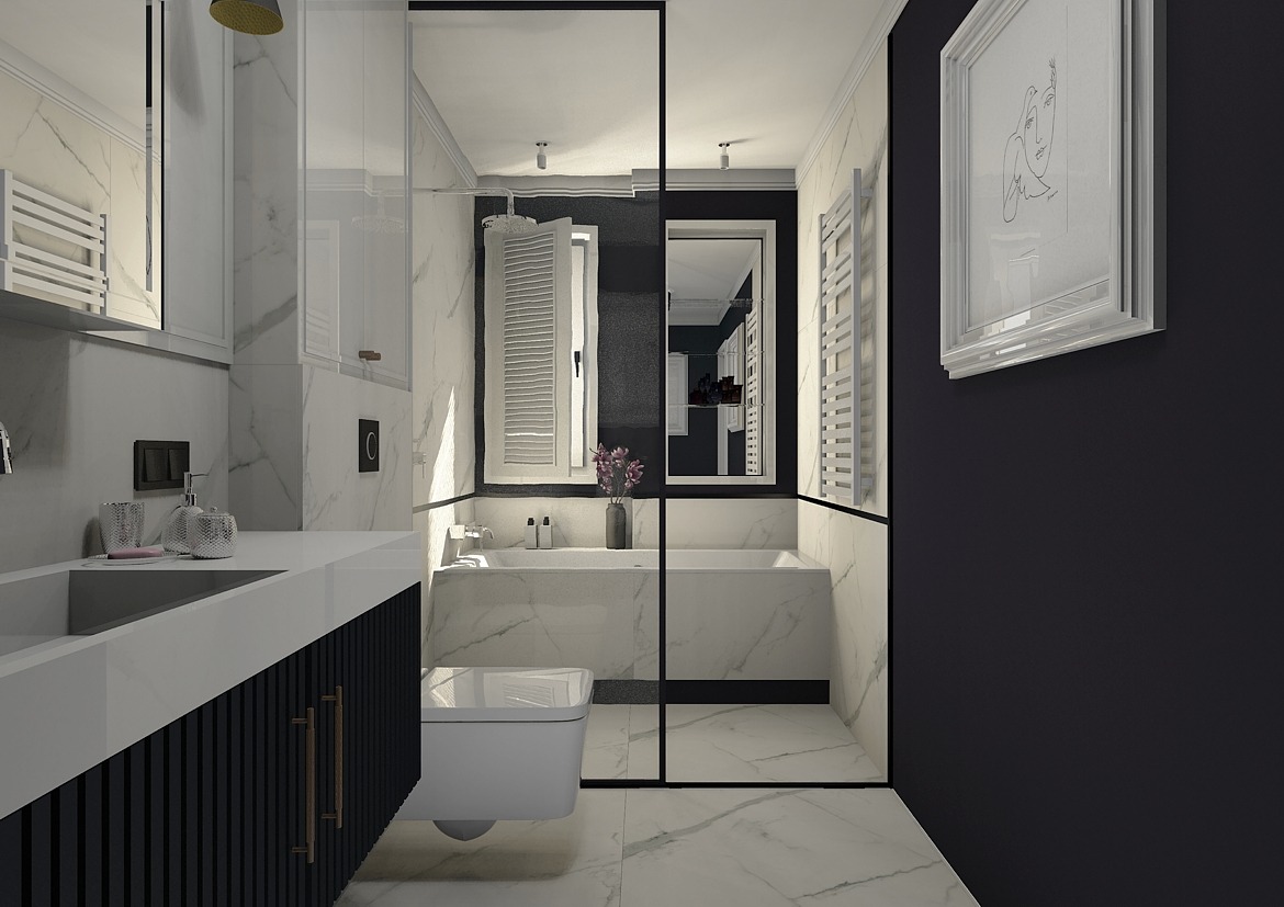Nowoczesna łazienka z marmurowymi płytkami, kabiną prysznicową typu walk-in, wiszącą toaletą i umywalką z szafką o ryflowanych frontach, uzupełniona minimalistycznym obrazem na ciemnej ścianie.