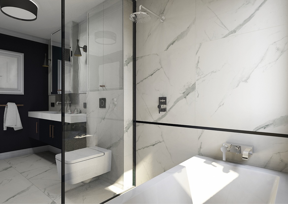 Nowoczesna łazienka z białymi marmurowymi płytkami, kabiną prysznicową ze szklanymi drzwiami, wiszącą toaletą i czarną szafką pod umywalką z miedzianymi uchwytami.