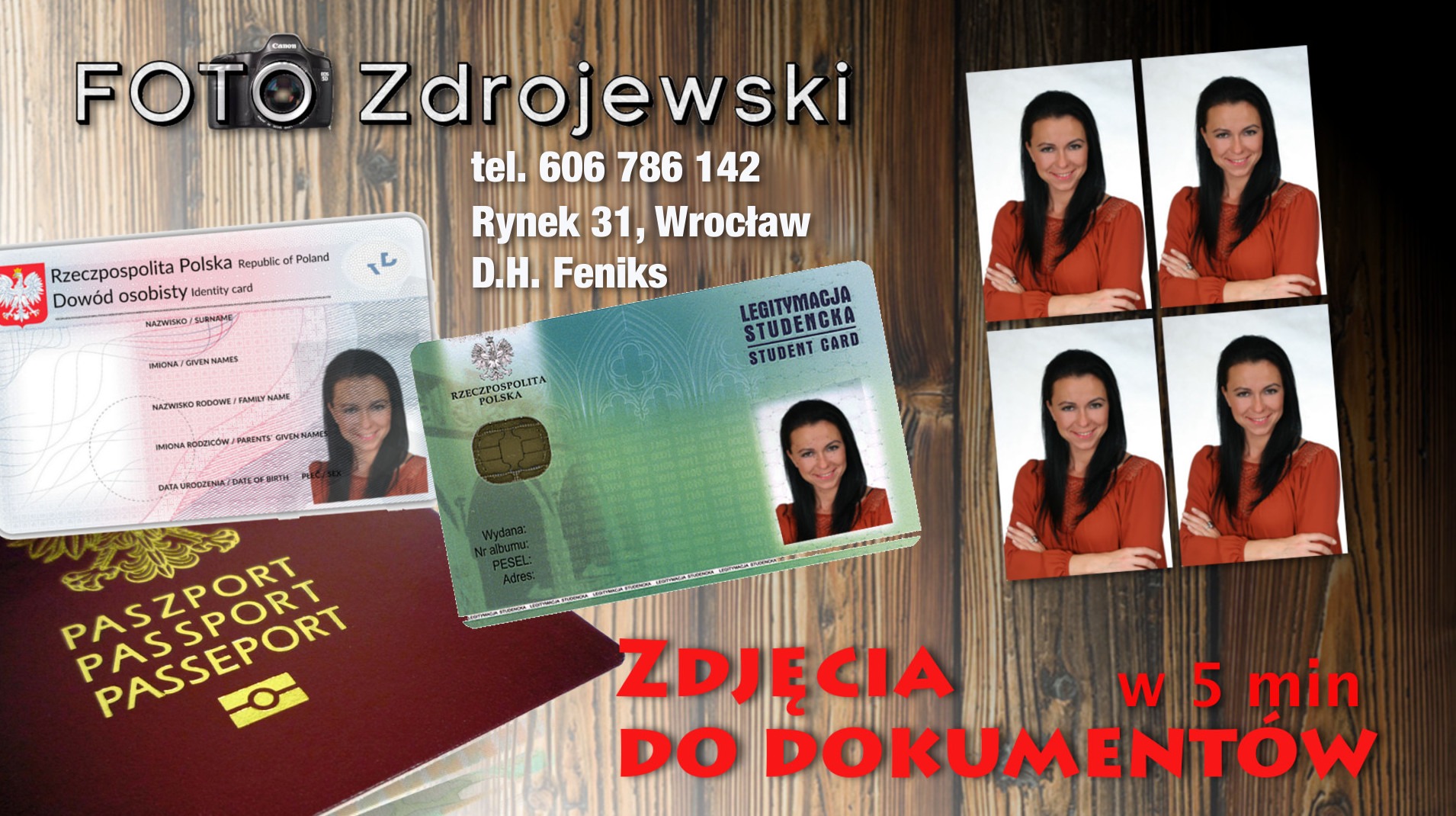 Aranżacja z paszportem, dowodem osobistym, legitymacją studencką oraz czterema zdjęciami portretowymi tej samej kobiety, z napisem 'Zdjęcia do dokumentów w 5 min' i logo fotografa.