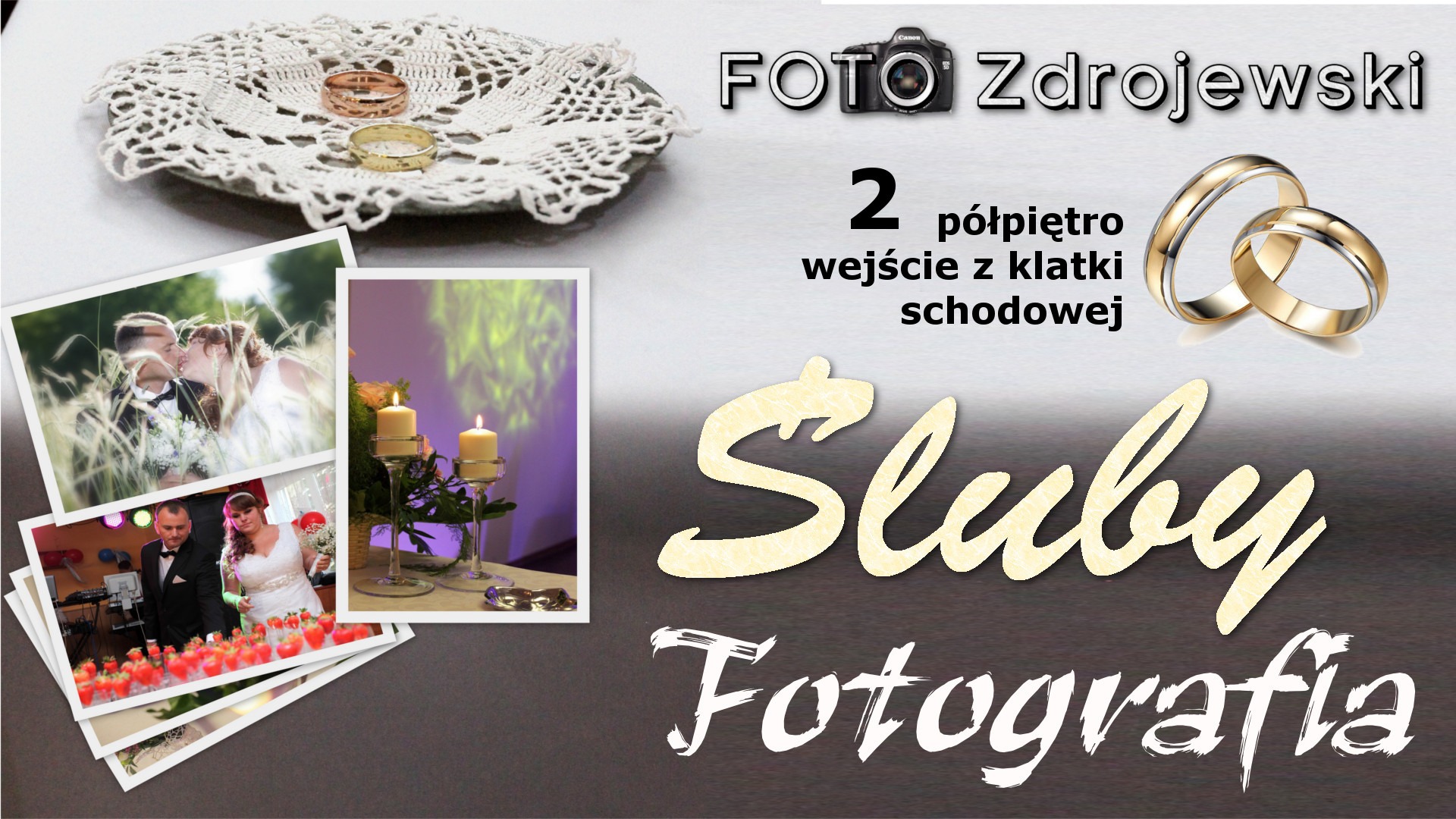 Kompozycja reklamowa: obrączki na serwetce, zdjęcia par ślubnych, świece i napis 'Śluby Fotografia' z logo firmy.