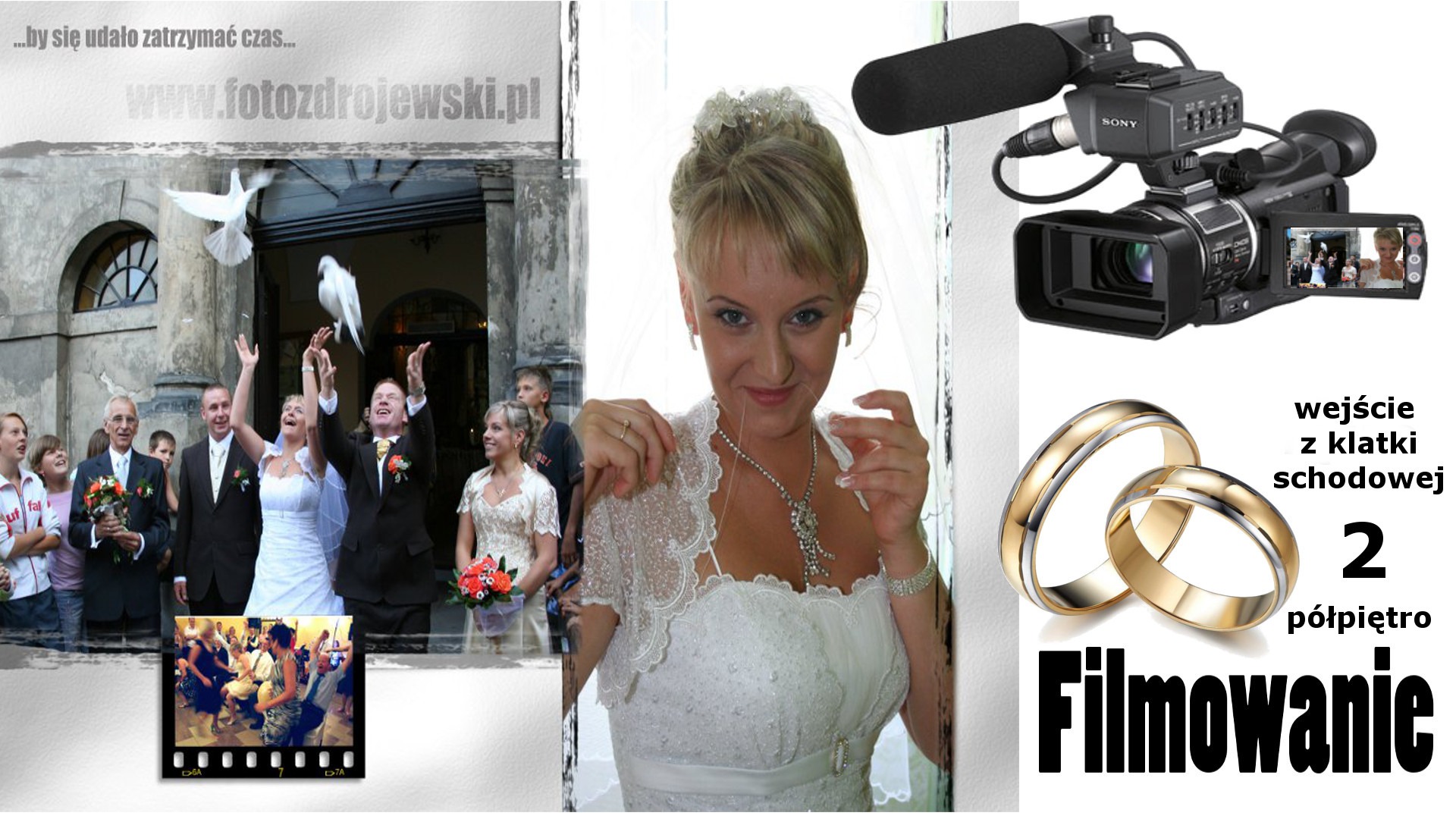 Kolaż zdjęć ślubnych: Panna młoda w sukni, goście wypuszczający gołębie przed budynkiem, para tańcząca, kamera wideo Sony z mikrofonem, złote obrączki ślubne z tekstem 'Filmowanie'.