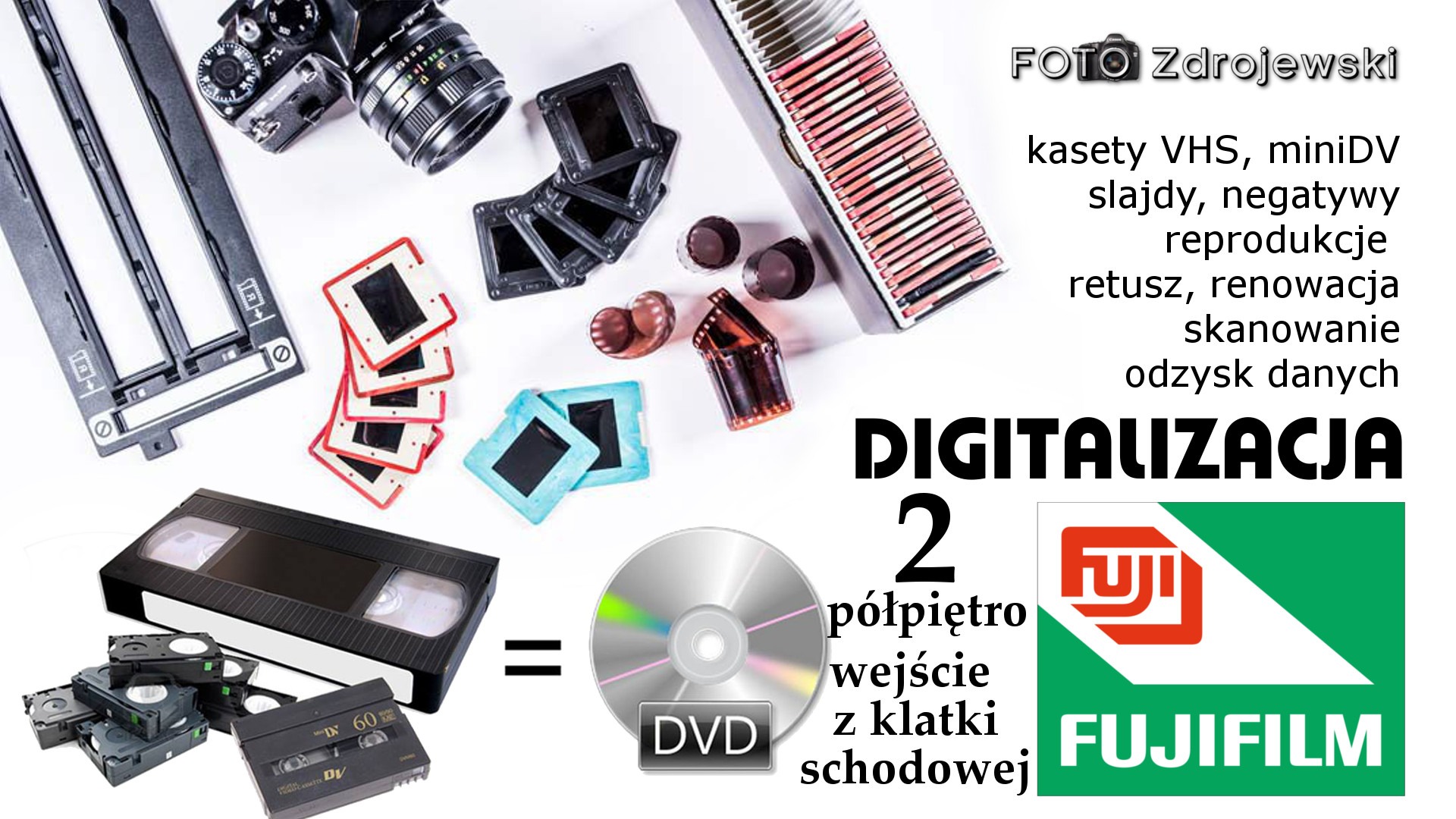 Digitalizacja starych nośników: kasety VHS, miniDV, slajdy, negatywy, z użyciem skanera, aparatu i programu do obróbki, finalnie zapisywane na DVD.
