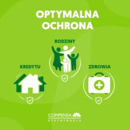 Grafika reklamowa: Optyamlna ochrona rodziny, kredytu i zdrowia, logo Compensa.