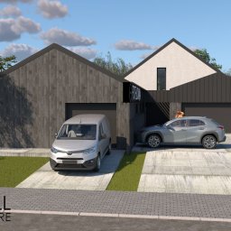 Whitehill Architecture Piotr Domanowski - Wizualizacja nowoczesnego domu dwukondygnacyjnego z garażami, z szarymi samochodami na podjeździe i logo architektoniczne w rogu.