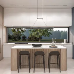 Nowoczesna kuchnia z wyspą i oknem na zieleń. Drewniane i szare szafki, minimalistyczne oświetlenie. Widok z okna dodaje naturalnego światła i przestrzeni.