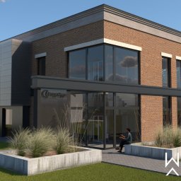 Whitehill Architecture Piotr Domanowski - Wizualizacja budynku usługowego z ceglaną elewacją i szklanym wejściem. Nowoczesna architektura z elementami roślinności. Widoczny napis 'Whitehill Architecture'.