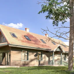 Wizualizacja drewnianego domu w stylu podlaskim z czerwonym dachem, lukarnami i werandą. Budynek otoczony zielenią, na pierwszym planie drzewo. Logotyp w lewym dolnym rogu.