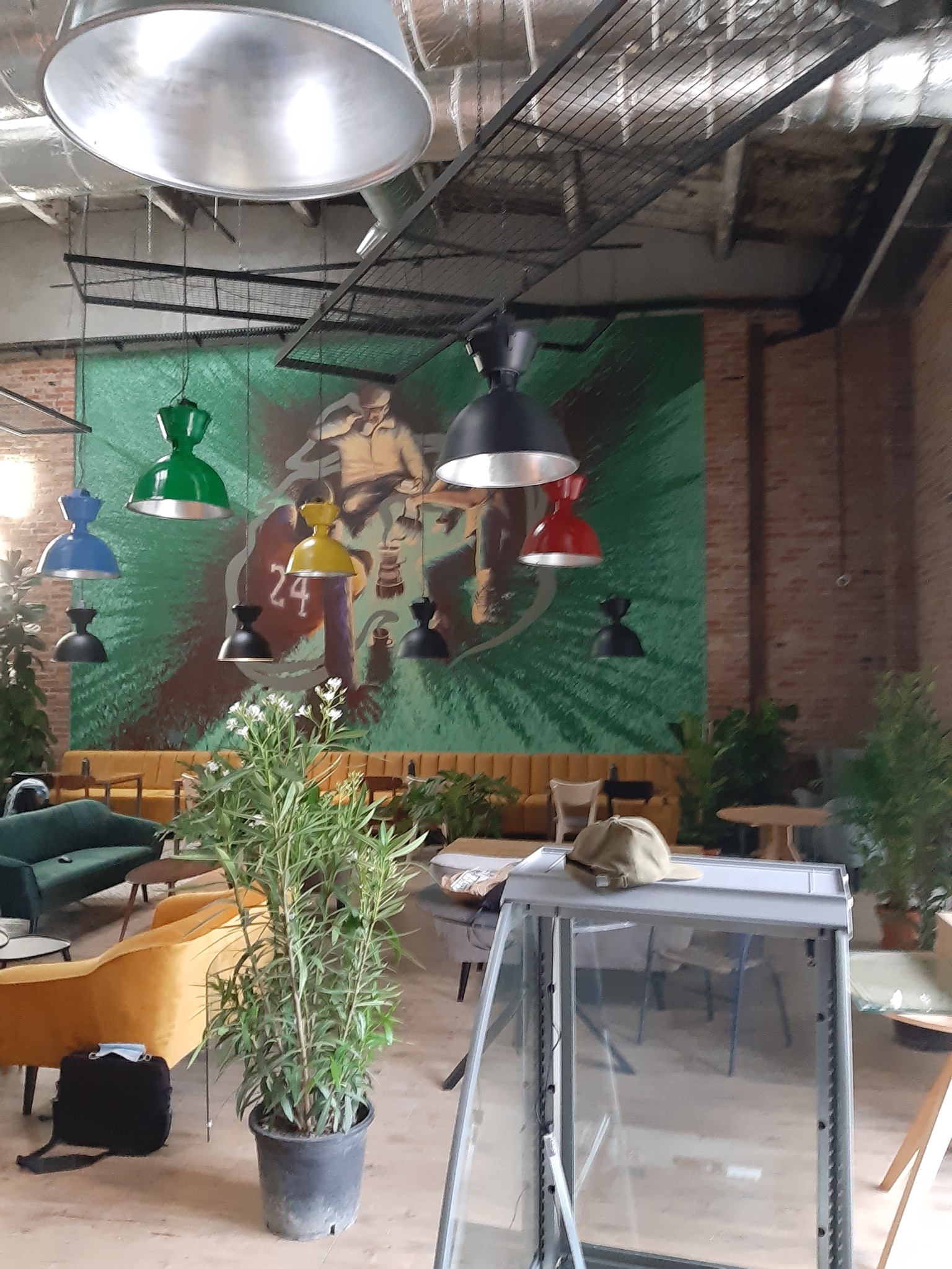 Wnętrze kawiarni z kolorowymi lampami wiszącymi nad sofami i roślinami doniczkowymi, na ścianie mural z postacią sportowca.