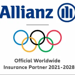 Logo Allianz z pięcioma kolorowymi kołami olimpijskimi i napisem 'Official Worldwide Insurance Partner 2021-2028' na białym tle.