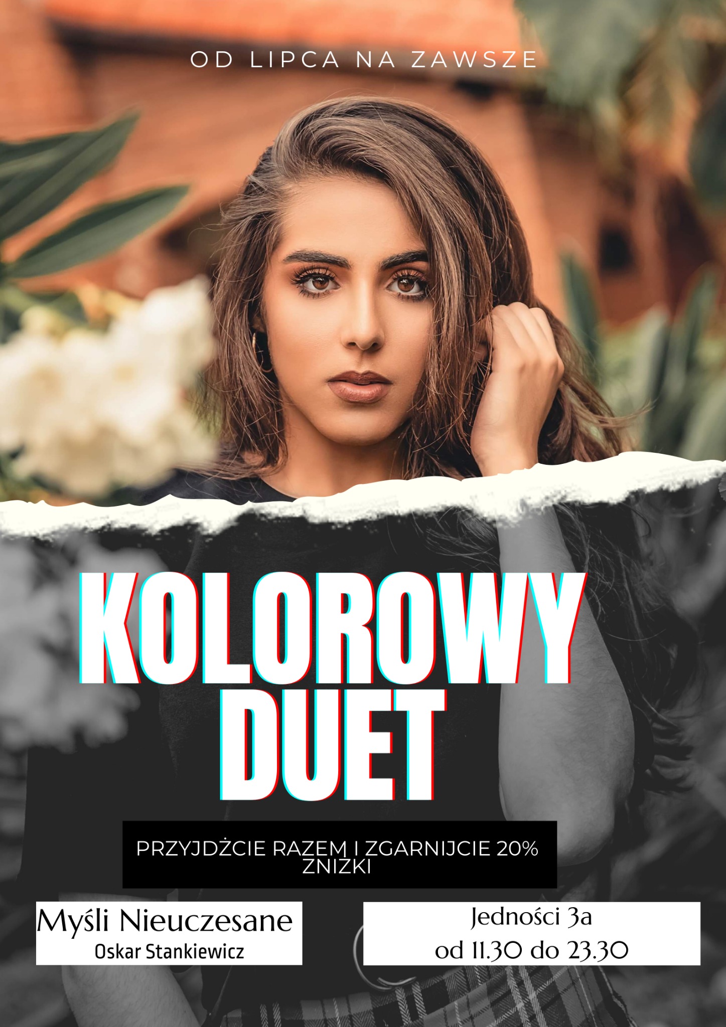Portret kobiety z brązowymi włosami, promujący ofertę 'Kolorowy Duet' od Lipca na Zawsze, z informacją o zniżce i adresem salonu.