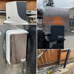 Kompozycja z czterech kadrów przedstawiających elementy systemu automatyki bramy przesuwnej marki Nice: napęd Robus, lampa ostrzegawcza, fotokomórka oraz fragment zębatki i narzędzi montażowych.