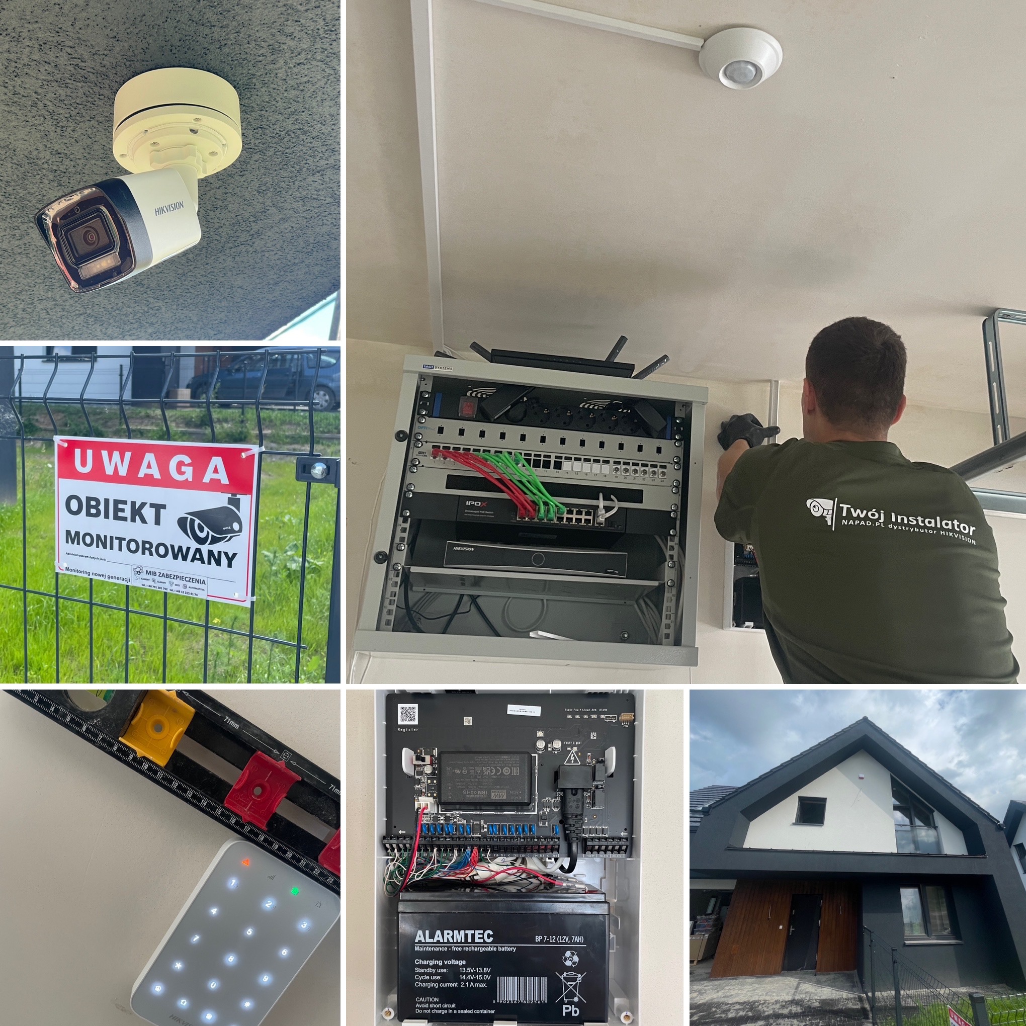 Zestawienie zdjęć: kamera Hikvision pod sufitem, tabliczka ostrzegawcza 'obiekt monitorowany', szafa rack z okablowaniem, instalator w pracy, panel alarmowy Alarmtec z akumulatorem, nowoczesny dom...