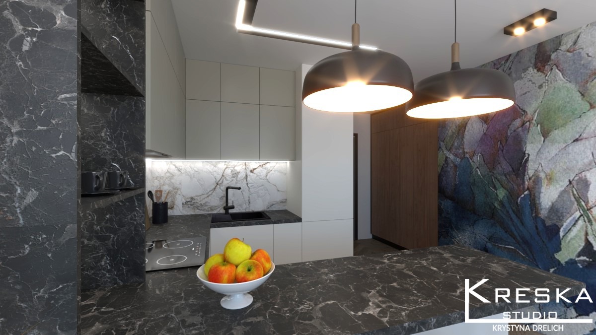 Wizualizacja nowoczesnej kuchni z marmurowymi blatami i ścianą akcentową z motywem roślinnym, oświetlona wiszącymi lampami i listwą LED, z owocami w ozdobnej misie na pierwszym planie, podpis...