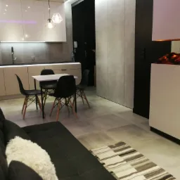 Nowoczesne wnętrze salonu z aneksem kuchennym we Wrocławiu, z szarą sofą z dekoracyjną poduszką, stołem z krzesłami i imitacją kominka w zabudowie.