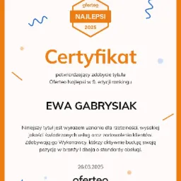 Certyfikat Oferteo Najlepsi 2025 dla Ewy Gabrysiak, potwierdzający zdobycie tytułu w 9. edycji rankingu za rzetelność, jakość usług i zadowolenie klient&oacute;w, data wystawienia 26.03.2025.