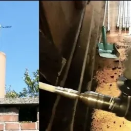 Ceglany komin z daszkiem na tle błękitnego nieba, obok widok z wnętrza komina podczas czyszczenia mechaniczną szczotką obrotową.