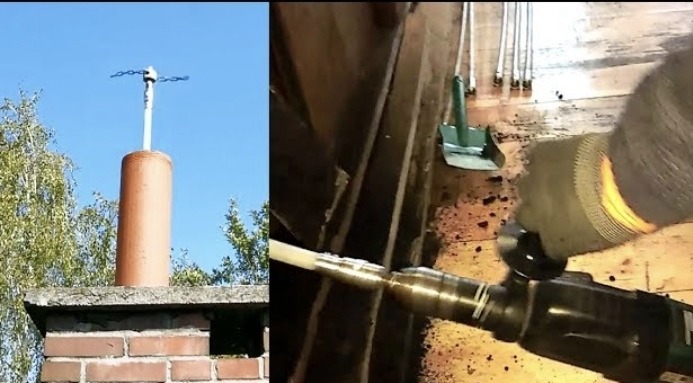 Ceglany komin z daszkiem na tle błękitnego nieba, obok widok z wnętrza komina podczas czyszczenia mechaniczną szczotką obrotową.