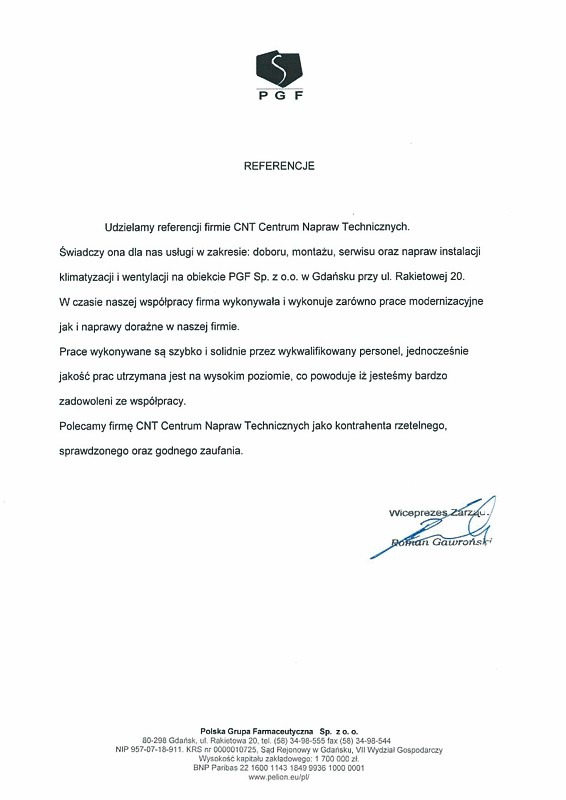 Skan dokumentu referencyjnego od Polskiej Grupy Farmaceutycznej dla firmy CNT Centrum Napraw Technicznych, potwierdzający świadczenie usług doboru, montażu, serwisu i napraw instalacji klimatyzacji...