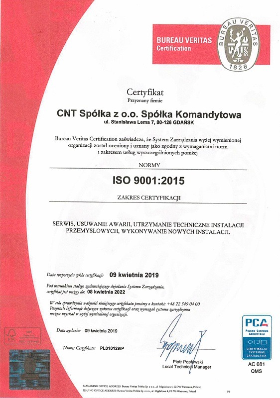 Skan certyfikatu ISO 9001:2015 firmy CNT Spółka z o.o. Spółka Komandytowa, wydany przez Bureau Veritas, potwierdzający zgodność systemu zarządzania z normami w zakresie serwisu, usuwania awarii...