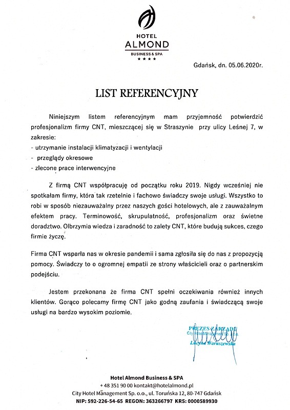 Skan listu referencyjnego od Hotelu Almond Business & SPA z Gdańska, datowany na 05.06.2020, potwierdzający profesjonalizm firmy CNT w zakresie utrzymania instalacji klimatyzacji i wentylacji...