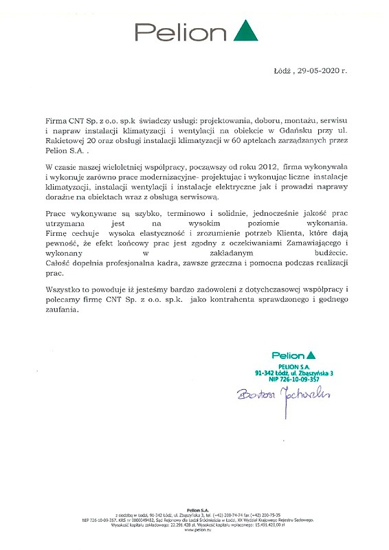 Skan referencji dla firmy CNT Sp. z o.o. od Pelion S.A., potwierdzający realizację instalacji klimatyzacji i wentylacji w obiektach w Gdańsku i obsłudze klimatyzacji w aptekach, z datą 29-05-2020...