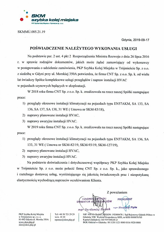 Skan dokumentu potwierdzającego realizację usług przeglądów i napraw instalacji HVAC w pojazdach szynowych PKP Szybka Kolej Miejska przez firmę CNT Sp. z o.o. w latach 2018-2019, zawierający...