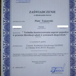 Skan zaświadczenia o ukończeniu kursu 'Technika kosztorysowania napraw pojazdów w procesie likwidacji szkód w systemach eksperckich' przez Piotra Tejszerskiego, wydane przez Centrum Kształcenia...