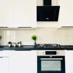 Nowoczesna, jasna kuchnia z białymi, lakierowanymi szafkami, czarnym blatem i sprzętem AGD w kolorze czarnym i srebrnym. Na blacie dekoracyjne rośliny w doniczkach i wazonach, a nad nim płytki...