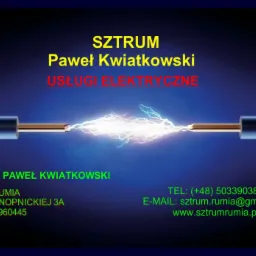Grafika przedstawiająca iskrzenie pomiędzy dwoma przewodami elektrycznymi na tle niebieskiego gradientu, z tekstem informacyjnym o firmie 'SZTRUM Paweł Kwiatkowski' oraz danymi kontaktowymi, w tym...