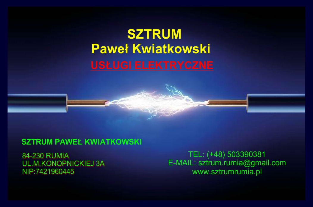Grafika przedstawiająca iskrzenie pomiędzy dwoma przewodami elektrycznymi na tle niebieskiego gradientu, z tekstem informacyjnym o firmie 'SZTRUM Paweł Kwiatkowski' oraz danymi kontaktowymi, w tym...