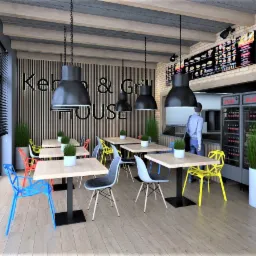 Wizualizacja wnętrza restauracji typu fast food z drewnianą podłogą, stolikami z jasnymi blatami i kolorowymi krzesłami, wiszącymi lampami w kształcie kopuł i menu na ścianie.