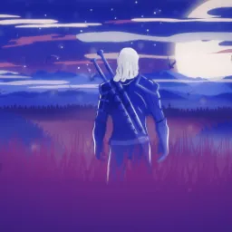 Stylizowana ilustracja: Wiedźmin z dwoma mieczami na plecach, stojący na fioletowym polu, z widokiem na nocny krajobraz z pełnią księżyca i ptakami w locie.