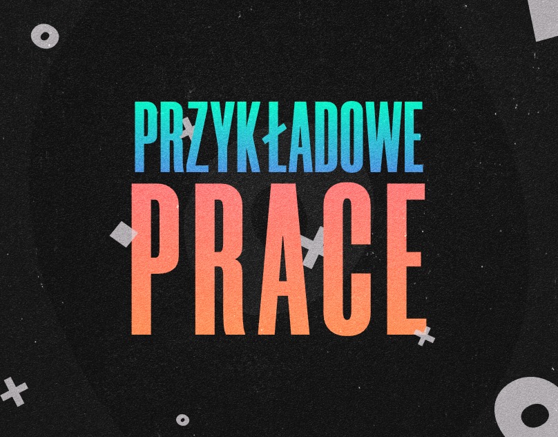 Tekst z gradientem kolorów: 'Przykładowe Prace' na czarnym, teksturowanym tle z minimalistycznymi geometrycznymi elementami.