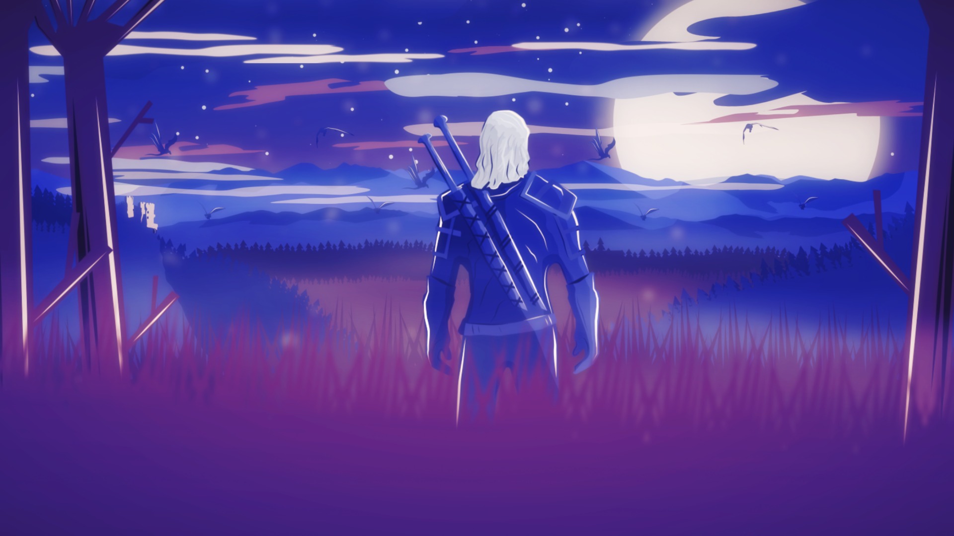 Stylizowana ilustracja: Wiedźmin z dwoma mieczami na plecach, stojący na fioletowym polu, z widokiem na nocny krajobraz z pełnią księżyca i ptakami w locie.