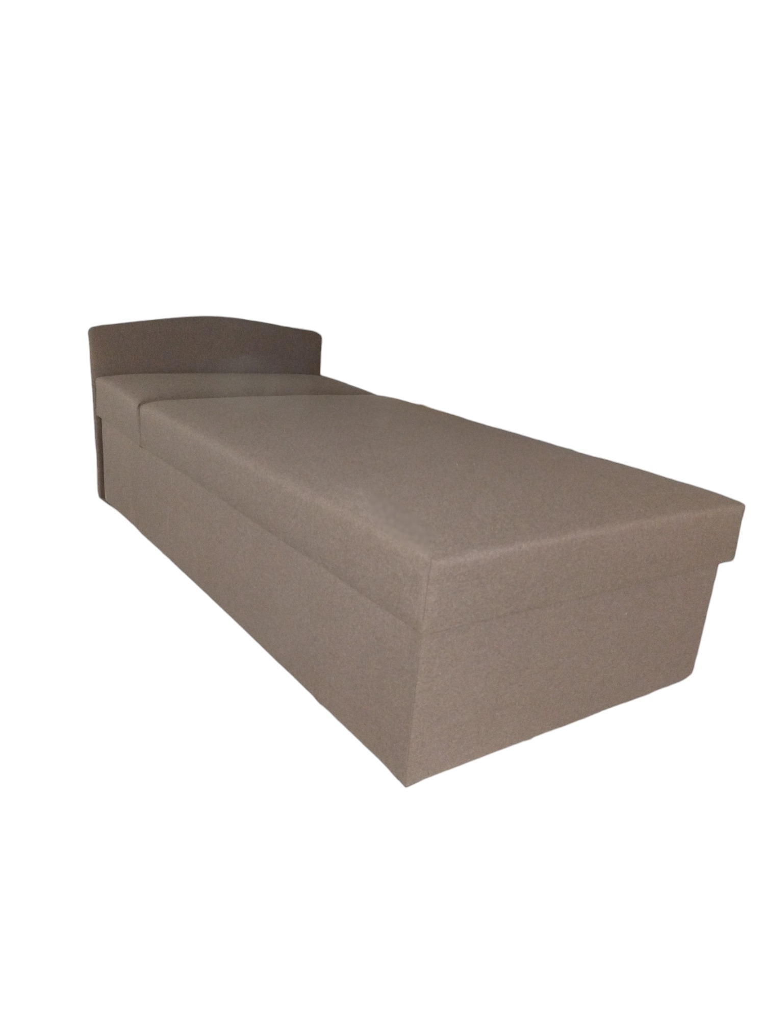 Szaro-beżowa tapicerowana leżanka z pojemnikiem na pościel, widok z perspektywy.