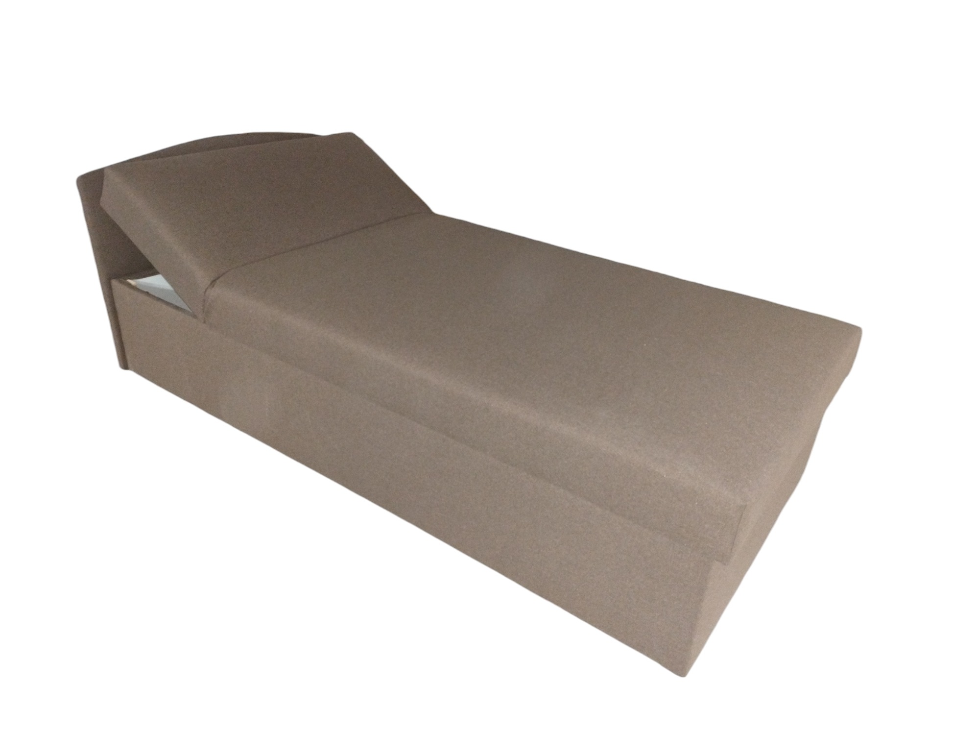 Tapicerowane łóżko jednoosobowe z regulowanym zagłówkiem, obite beżową tkaniną, widoczne na białym tle.