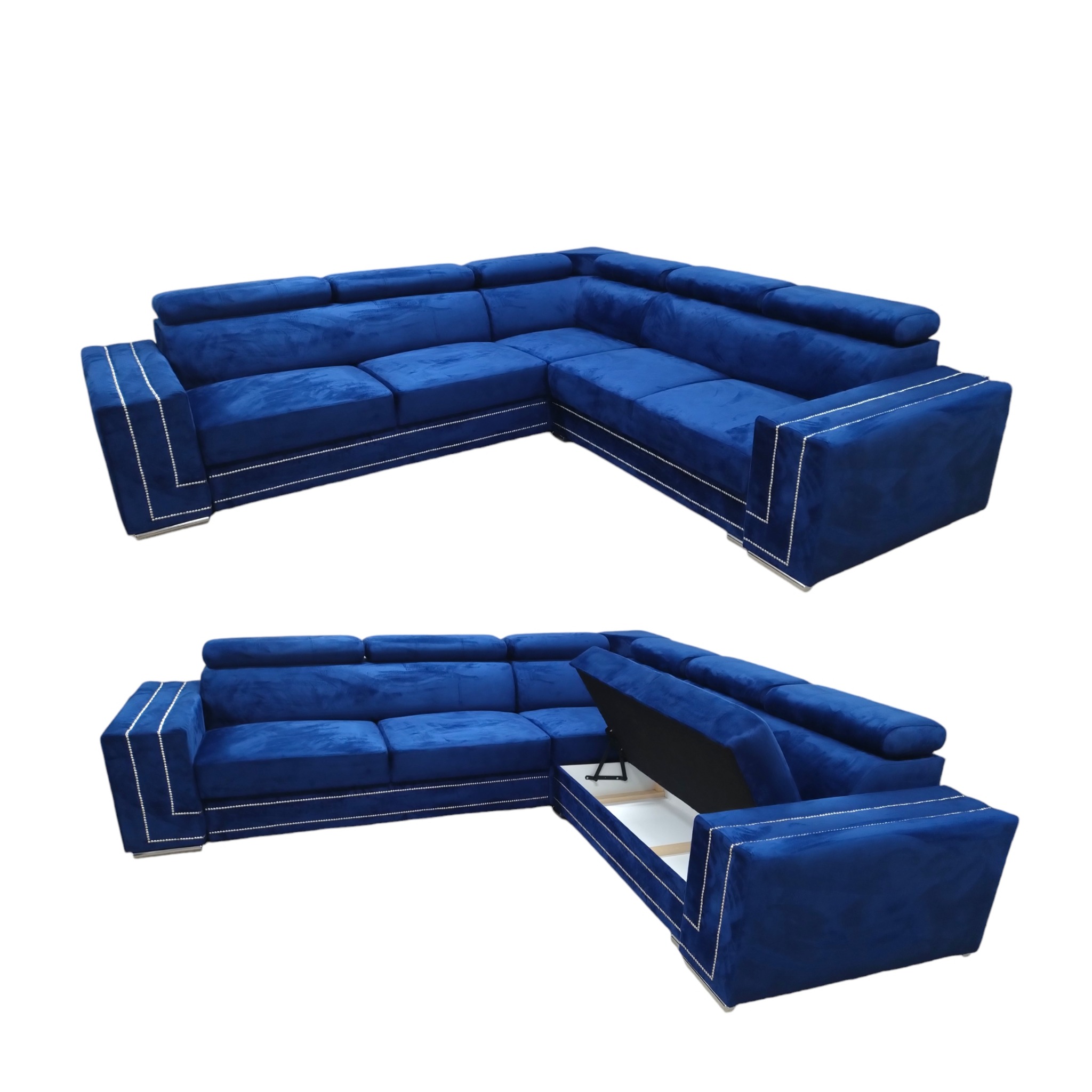 Narożnik tapicerowany w odcieniach granatu, z dekoracyjnymi srebrnymi listwami, prezentowany w dwóch ujęciach: w całości i z otwartym pojemnikiem na pościel.