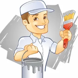 Uśmiechnięty malarz w kreskówkowym stylu, trzymający pędzel z farbą i wiadro z kapiącą szarą farbą.