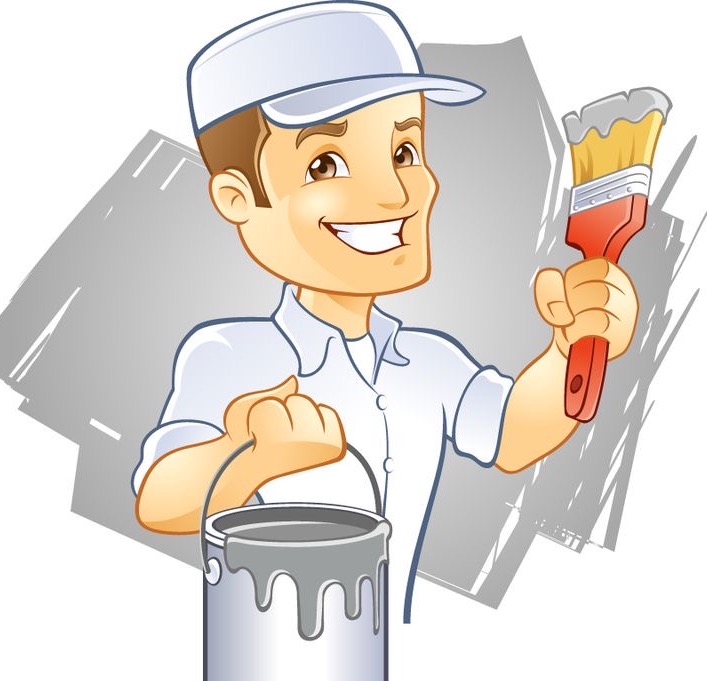 Uśmiechnięty malarz w kreskówkowym stylu, trzymający pędzel z farbą i wiadro z kapiącą szarą farbą.