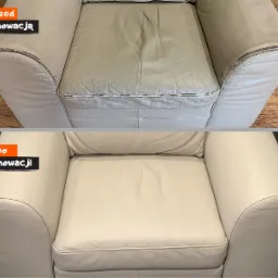 Kremowy fotel skórzany przed i po renowacji. Górna część zdjęcia pokazuje fotel z widocznymi śladami użytkowania, zdartą skórą na krawędziach i zagnieceniami. Dolna część prezentuje ten sam fotel...
