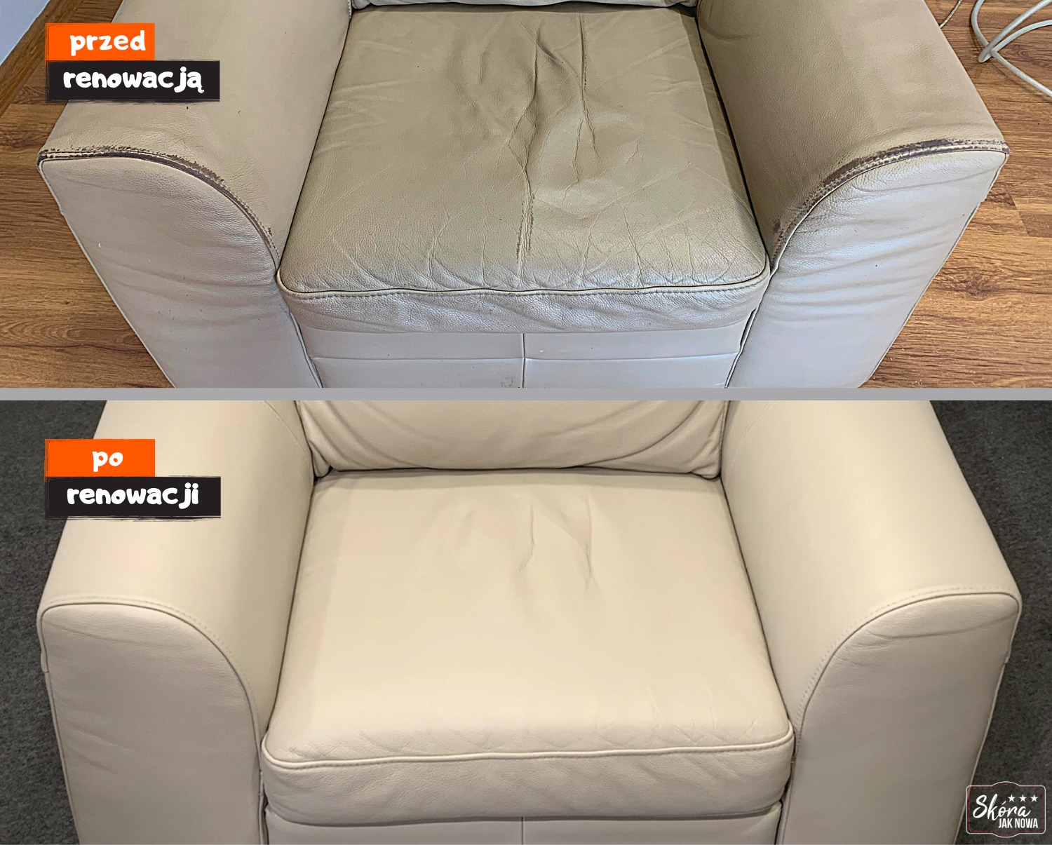 Kremowy fotel skórzany przed i po renowacji. Górna część zdjęcia pokazuje fotel z widocznymi śladami użytkowania, zdartą skórą na krawędziach i zagnieceniami. Dolna część prezentuje ten sam fotel...