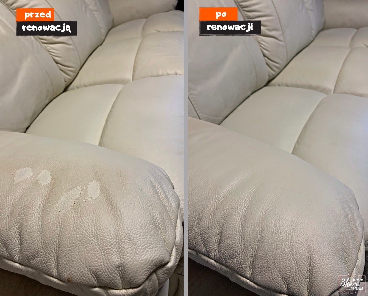 Porównanie czyszczenia skórzanej sofy: lewy bok z plamami 'przed', prawy bok 'po' renowacji, widoczna faktura skóry.