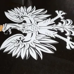 Biały orzeł w koronie z elementami złota na czarnym, błyszczącym tle.