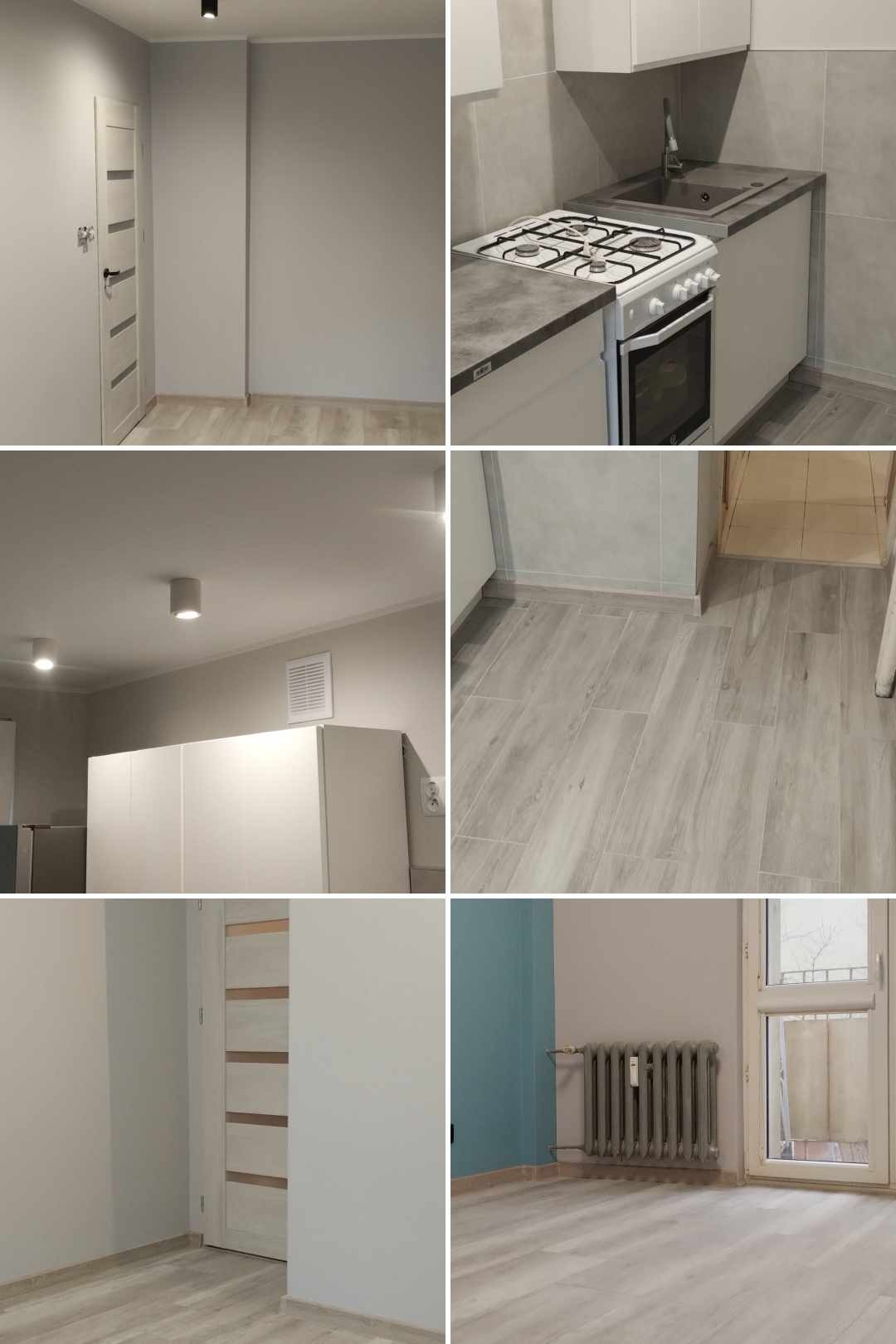 Kolaż przedstawiający wyremontowane wnętrze: kuchnię z białą zabudową i płytą gazową, pokój z szarą ścianą, grzejnikiem i drewnopodobną podłogą, oraz szafy wnękowe i drzwi wewnętrzne z przeszkleniami.