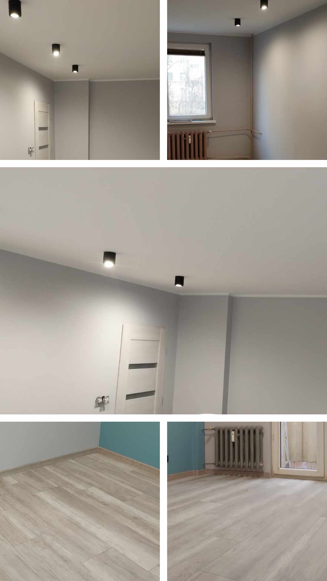 Jasnoszare wnętrze po odświeżeniu: widoczne nowe podłogi laminowane, pomalowane ściany w odcieniach szarości i bieli, sufit z zamontowanymi punktowymi lampami LED, białe drzwi wewnętrzne...