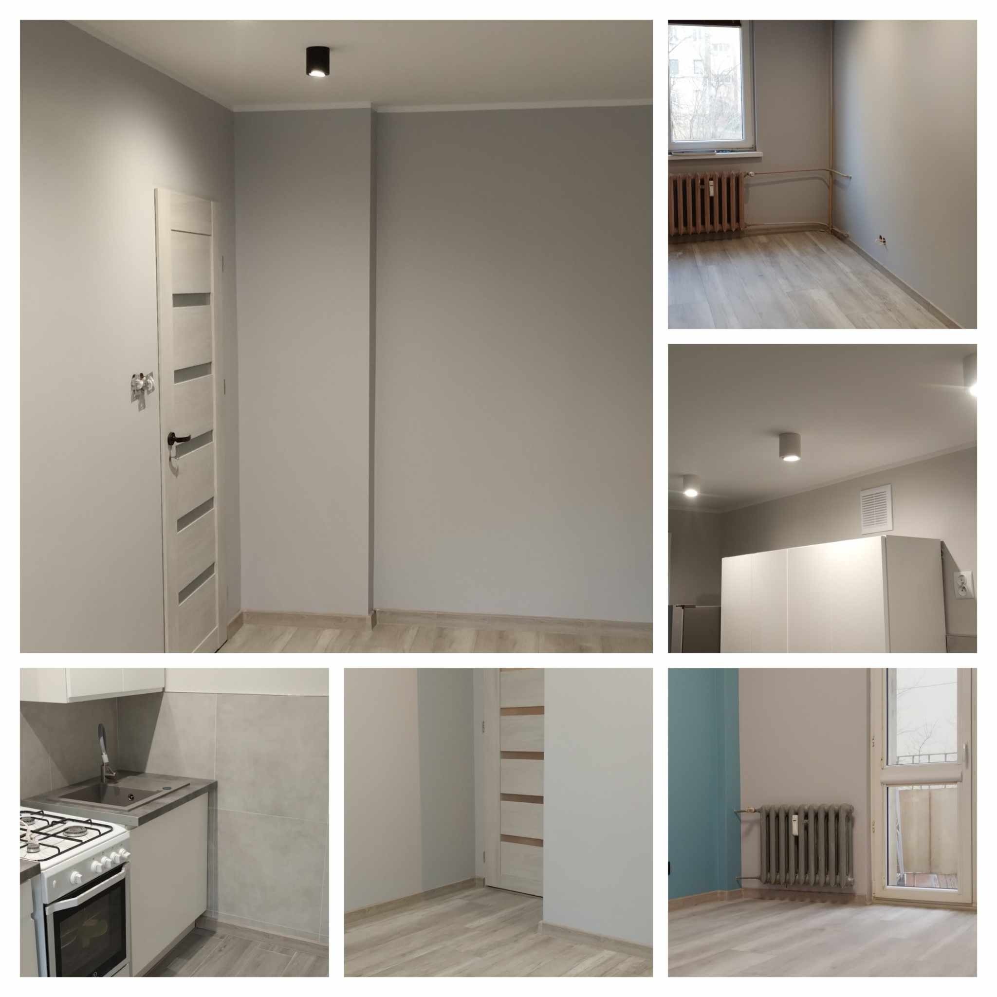 Kolaż przedstawiający odnowione wnętrze: pokój z pomalowanymi na szaro ścianami, drewnianą podłogą, minimalistycznym oświetleniem sufitowym i białą stolarką drzwiową; fragment kuchni z zabudową...