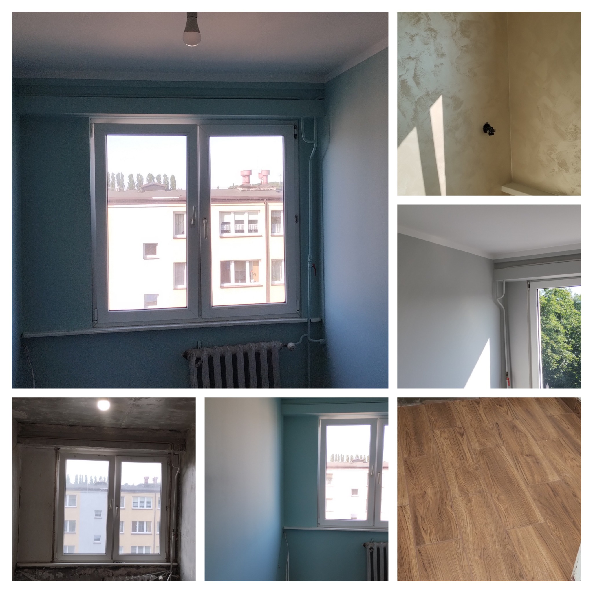 Kolaż zdjęć z remontu mieszkania: stan surowy, gładzie, malowanie na kolor turkusowy, panele podłogowe. Widok okna na budynek.