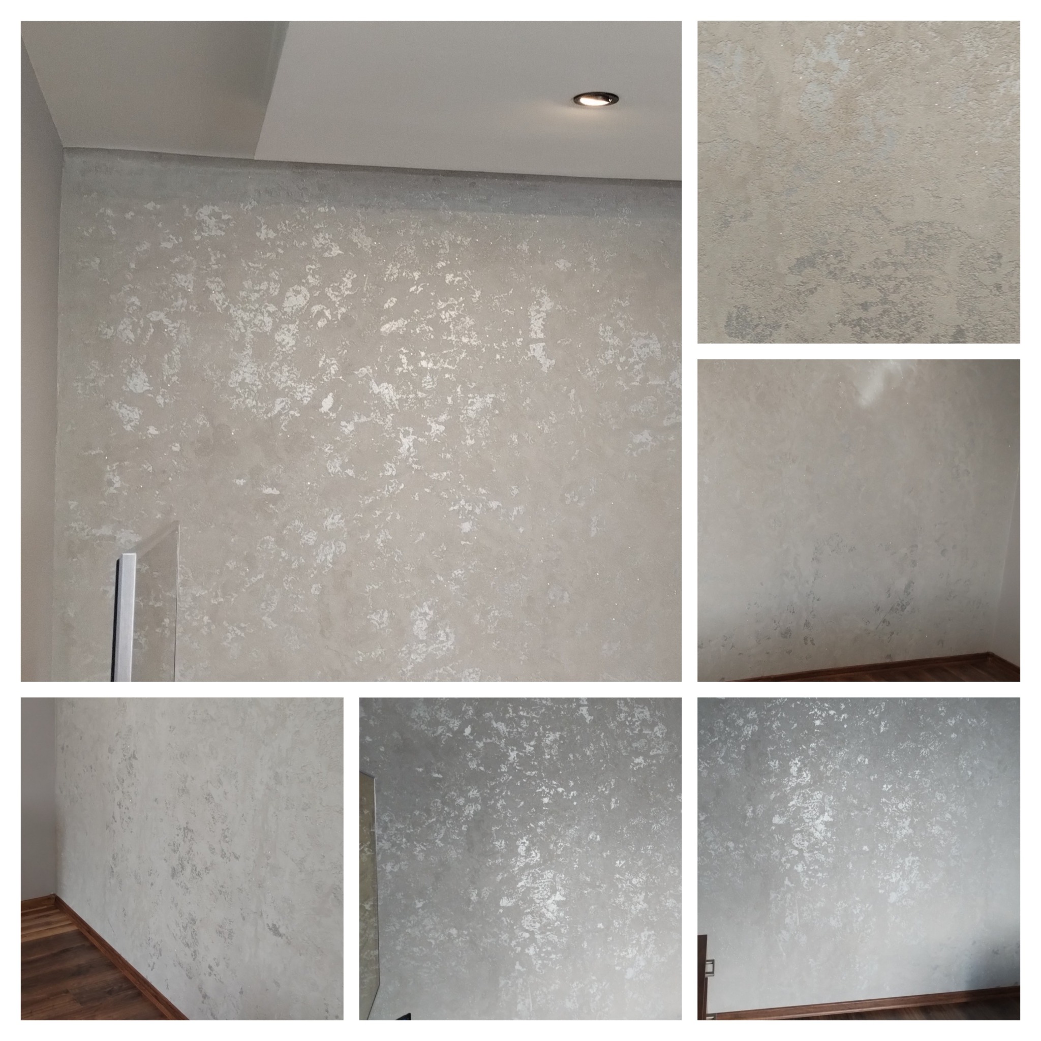 Ściana z dekoracyjną, srebrzystą fakturą, oświetlona punktowo, z widocznym fragmentem podłogi i elementami wyposażenia wnętrza. Kolaż z detali faktury.