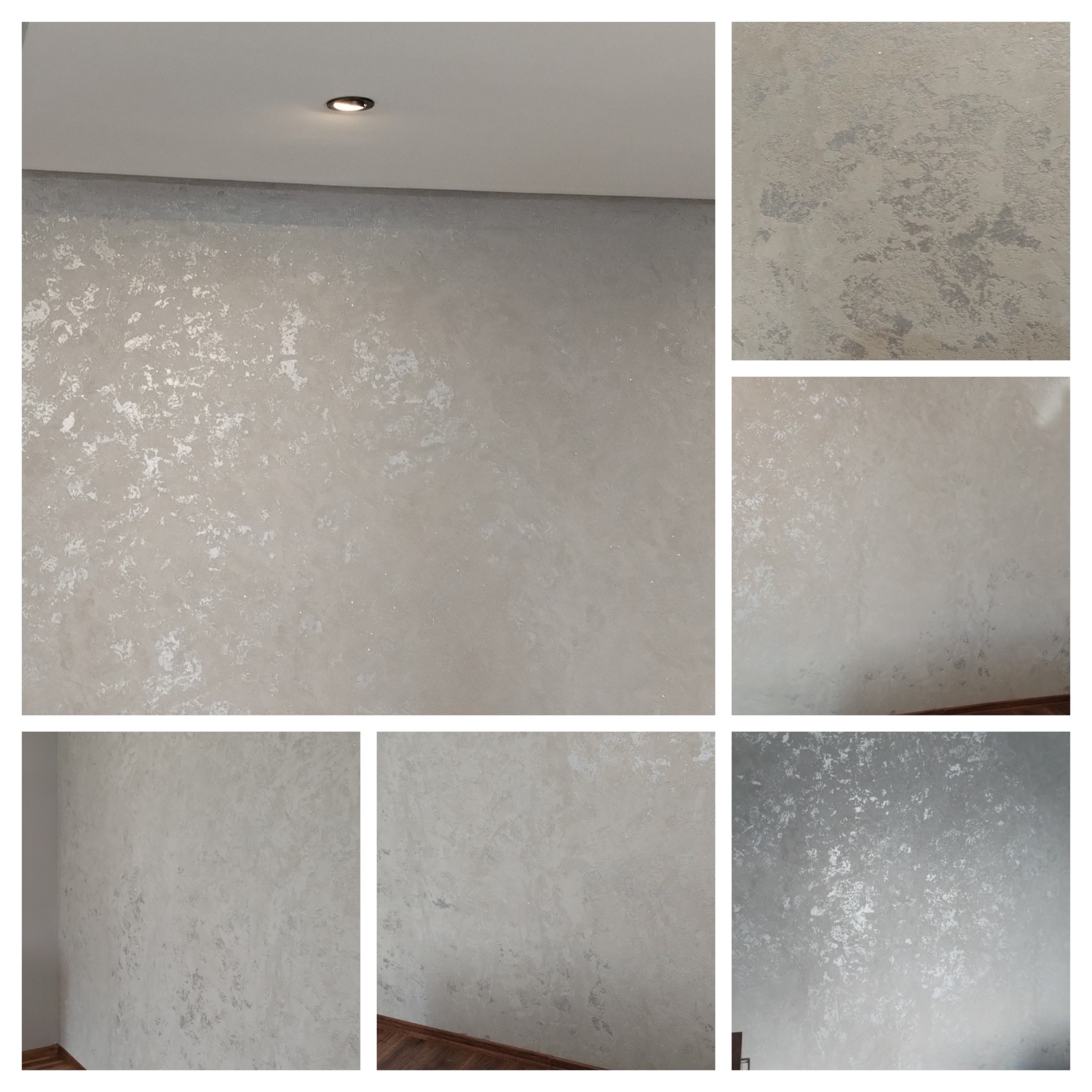 Dekoracyjna ściana z efektem stiuku w odcieniach szarości i srebra, z widocznym oświetleniem sufitowym i fragmentem podłogi. Kolaż zbliżeń na fakturę ściany.